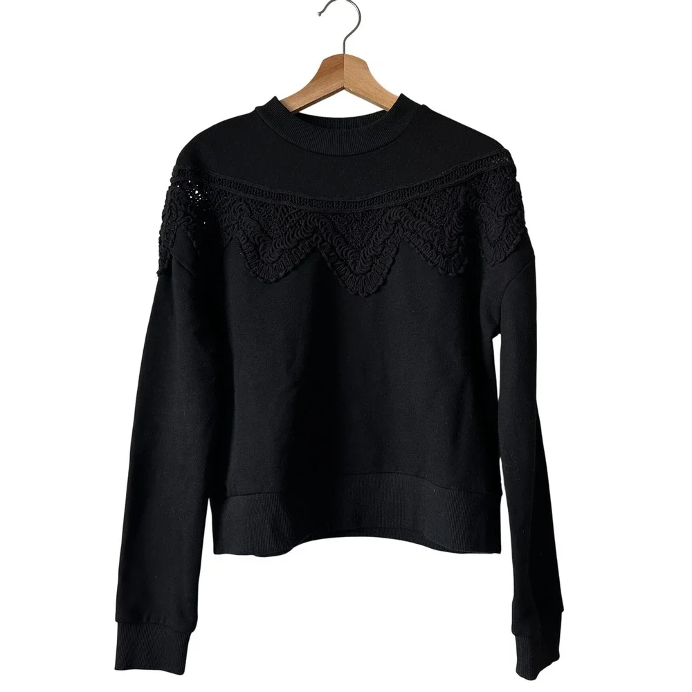 Jonathan Simkhai XS Black Sweatshirt Crochet Trim Mock Neck Pullover Long Sleeve